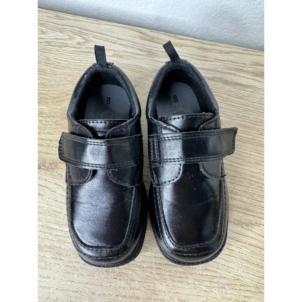 Wonder Nation Boys Black Dress Shoes Hook Loop Strap Square Toe Loafers Size 8
